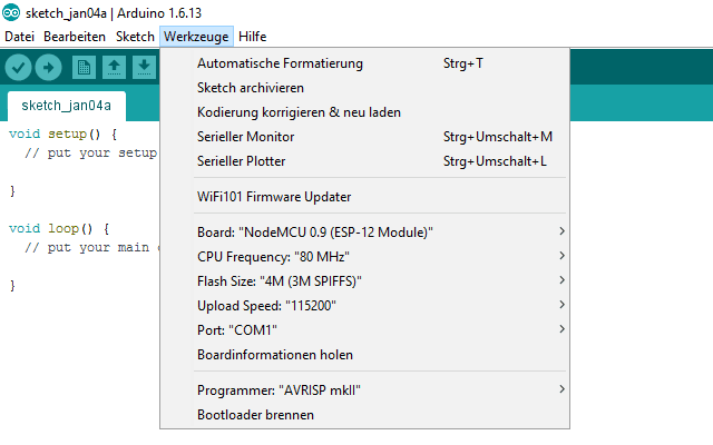 Die Konfiguration der Arduino IDE für den ESP8266.