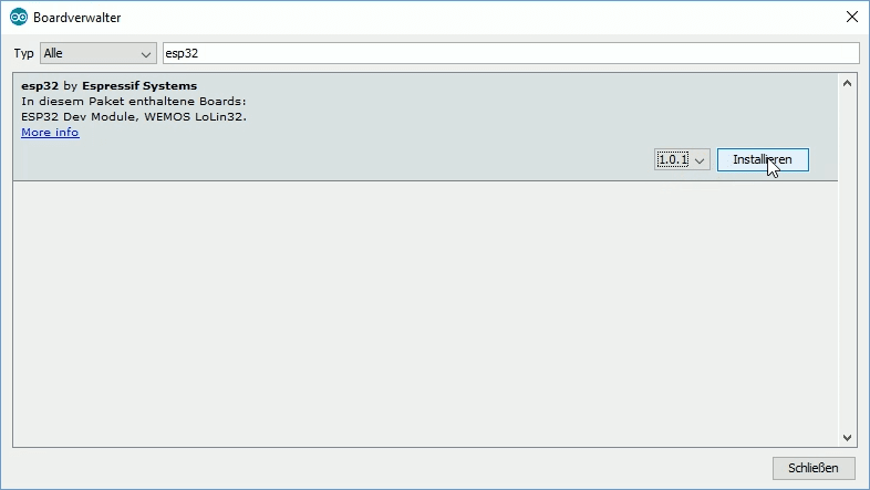 Jetzt kann die Plattform des ESP32 installiert werden.